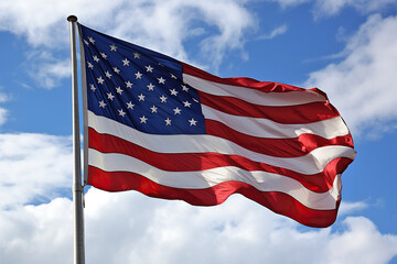 Obraz premium The US flag flutters in the wind in the blue sky. Generative AI