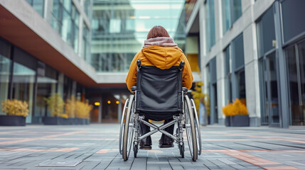 Independent woman in a wheelchair and a yellow jacket entering a disability accessible, modern building, workplace on a cold autumn day, facing away from the camera. 