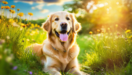 Cute golden retriever laying in a grass field with flowers during golden hour in summer. Happy smiling dog outside. ai generated.