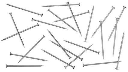 Metal nails isolated on transparent and white background. Building concept. 3D render