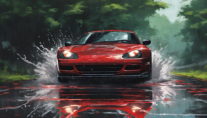 oil painting of a stunning scene of a red sport car driving down a wet road with a reflexion, surrounded by lush trees on either side	