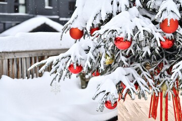 Decorated outdoor Christmas tree by winter