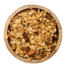 Oatmeal, raisins, cashews and almonds. Granola in wooden round plate