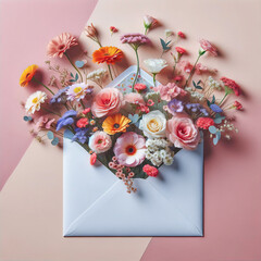 Creative layout made of colorful flowers and envelope on pastel pink background. Copy space. Creative summer idea. Message template. Flat lay.