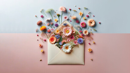Colorful flowers in beige envelope on pastel pink and blue background. Flat lay. Creative flowers design. Spring, summer idea. Valentine's day, suprise, gift.