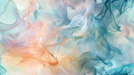  an abstract painting of blue, orange, and pink smoke on a white and blue background with a yellow center.