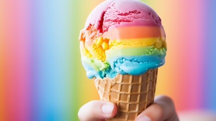 Lgbt pride  female hand holding ice cream with vibrant colors against pink background - obrazy, fototapety, plakaty