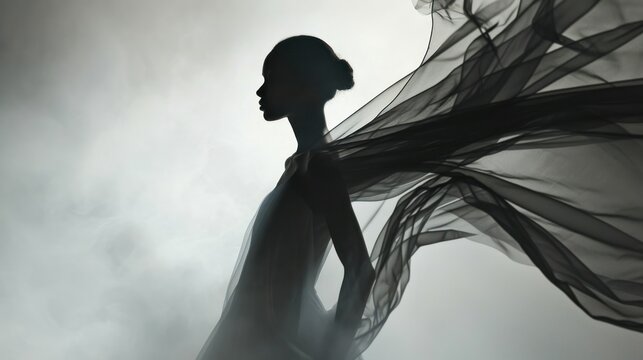  a black and white photo of a woman's silhouette with a veil blowing in the wind in front of a cloudy sky.