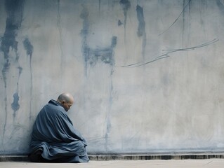 A lone Buddhist monk sits in meditation against a plain wall - obrazy, fototapety, plakaty