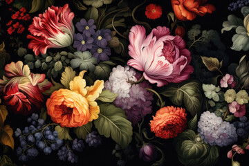 Obraz na płótnie Canvas Elegant floral pattern, colorful flowers on dark background, Valentine day holiday art card