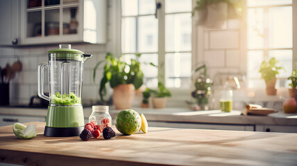 a bottle of green smoothie on the kitchen. Health-conscious, lifestyle concept