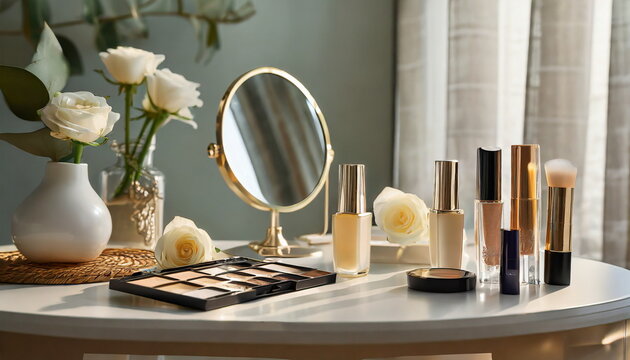 Decorative cosmetic lipstick, eyeshadow on dressing table, mirrors and flowers, morning light