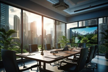 Modern office interior with city view and green plants