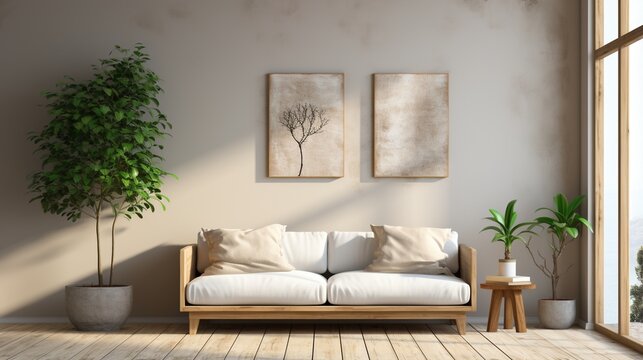 Minimalist living room interior with sofa, plants, and paintings