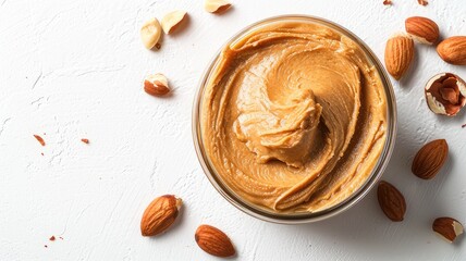 Peanut paste in glass bowl and nuts on white background. Healthy nutrition concept. Space for text. Close up. National peanut butter day. - obrazy, fototapety, plakaty
