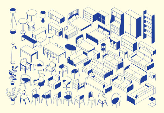 isometric furniture collection for interior design and architecture
