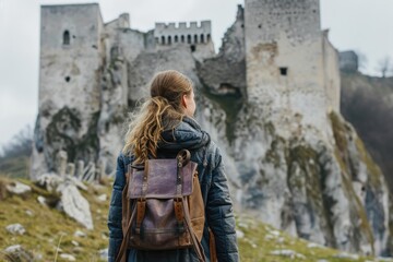 Fototapeta na wymiar Young European Woman Exploring a Medieval Castle