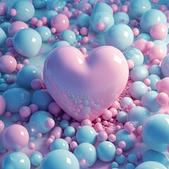 3d rendering of heart in the pink and blue background with bubbles, Ai Generated