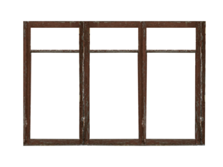 Old big brown wooden window frame with six sashes isolated on transparent background.