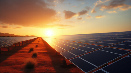 Solar power plant panels at sunset.