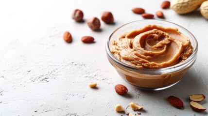 Fototapeta na wymiar Peanut paste in glass bowl and nuts on white background. Healthy nutrition concept. Space for text. Close up. National peanut butter day.