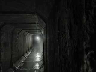Square dark concrete drainage tunnel with light in the end, with dark free space on the right side.