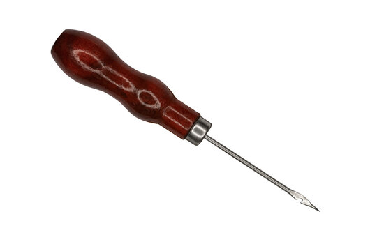 Scratch awl with wooden handle cut out on transparent background. Shoe repair tool, tailor's awl.