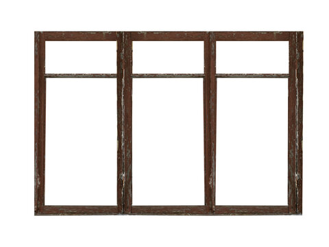 Old big brown wooden window frame with six sashes isolated on transparent background.