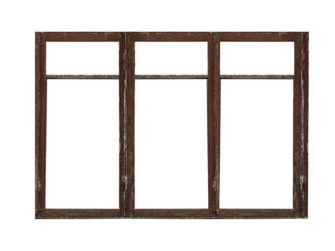 Old big brown wooden window frame with six sashes isolated on transparent background.