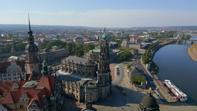 Zwinger, Opera Church at River City Dresden. Fantastic aerial view flight drone