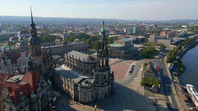 Zwinger, Opera Church at River City Dresden. Smooth aerial top view flight drone