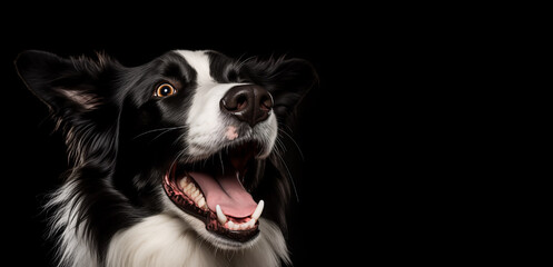 Black and white dog with open mouth close-up on a horizontal banner with space for text. A trained dog looks up, an intelligent look, a white fang. open mouth. Dog food advertisement.