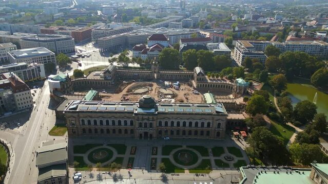 Dresden City Zwinger, Opera Church at River. Nice aerial top view flight drone