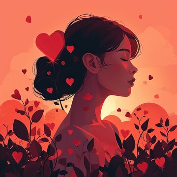 Beautiful woman with red hearts on her face. Vector illustration, Ai Generated