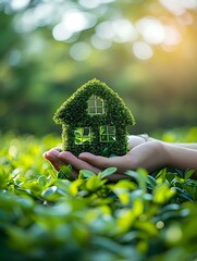 Holding a small miniature house model with both hands against the backdrop of green forests and parks. sustainability and eco-friendly living. generative AI - obrazy, fototapety, plakaty