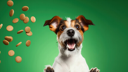 Funny dog with falling cookies on green background. Jack Russell Terrier. Power concept. Funny dog...