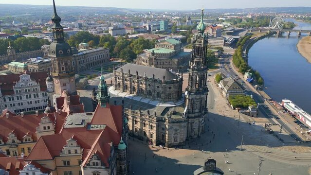 Zwinger, Opera Church at River City Dresden. Majestic aerial view flight drone