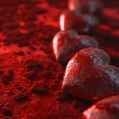 Chocolate hearts on a red background, Valentine's Day, Ai Generated