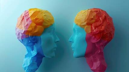 The concept of rational and irrational thinking of two people. Heads of two people with colourful shapes of abstract brain for concept of idea and teamwork. Two people with different thinking.