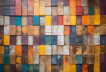 Multicolored wood background on a bright wall, multicolored square blocks, rustic texture, abstract wooden mosaic, recycled materials design.