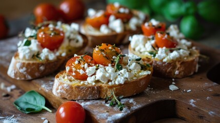  a wooden cutting board topped with bread covered in cheese and toppings next to a pile of tomatoes and basil.