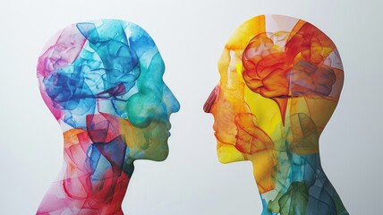 The concept of rational and irrational thinking of two people. Heads of two people with colourful shapes of abstract brain for concept of idea and teamwork. Two people with different thinking. - obrazy, fototapety, plakaty