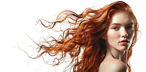 Young model with beautiful hair in waves on a transparent background - stock png.