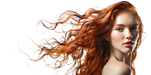 Young model with beautiful hair in waves, cut out - stock png.