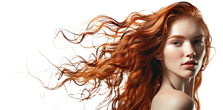 Young model with beautiful hair in waves, cut out - stock png.
