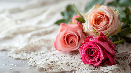 Close Up of Three Roses on a Lace Tablecloth