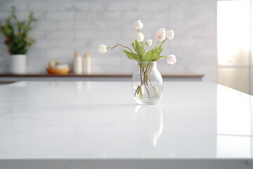 Light elegant modern bathroom interior with white marble empty tabletop for product display. Generative AI