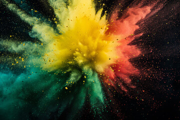 Colored powder explosion. Explosive splash red, yellow, green color powder dusk on black background. Black history month background - obrazy, fototapety, plakaty