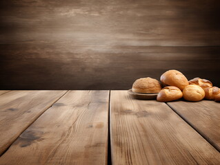 Freshly baked bread rolls on a wooden table
