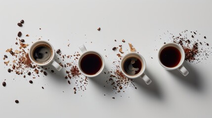  a group of three cups of coffee sitting on top of a white table next to a pile of coffee beans.
